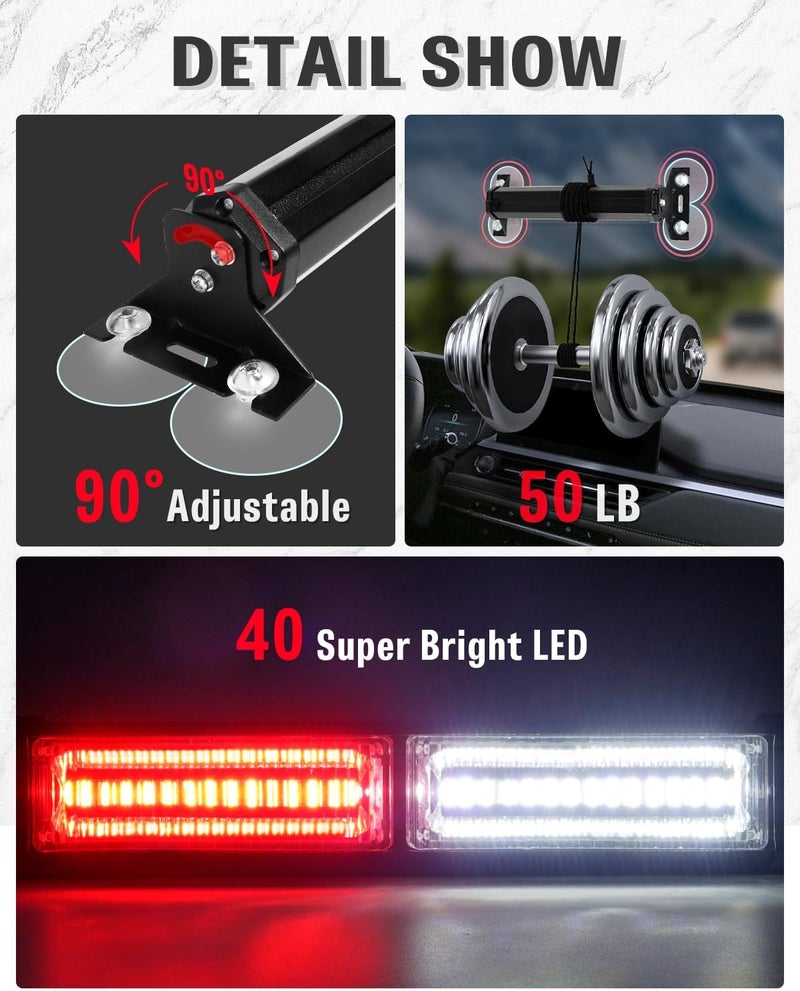 HLauto 1002L Emergency Strobe Traffic Advisor Light Bar: 40LED Dash Safety Warning Flashing Front/Rear Windshield Visor Light for Construction Vehicle, Trucks (2x10.7inch, Red White) - Image 5